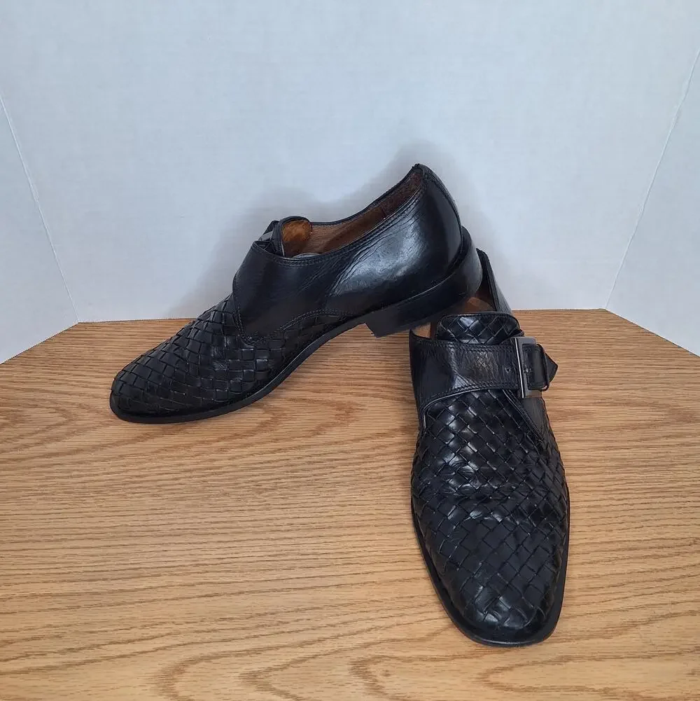 Tasso Elba Italy Men 9.5 Black Woven Leather Single Monk Strap Dress Shoes Fredo